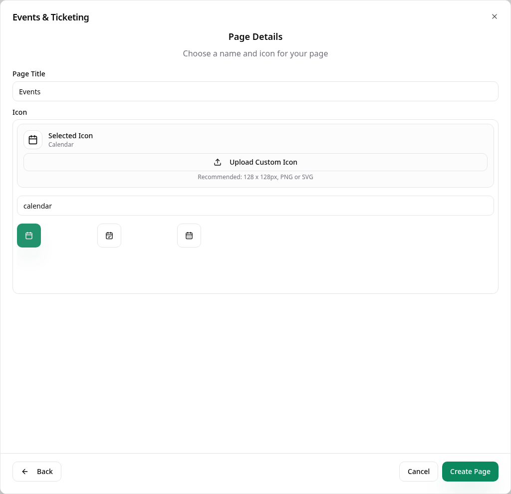 Page details with Events title and calendar icon