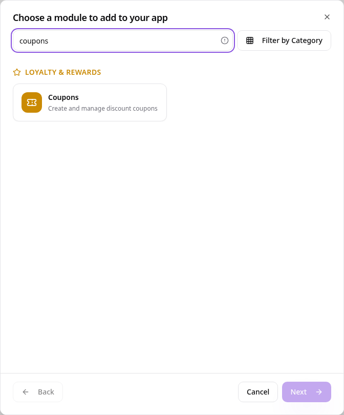 Add Page or Function picker showing Coupons
