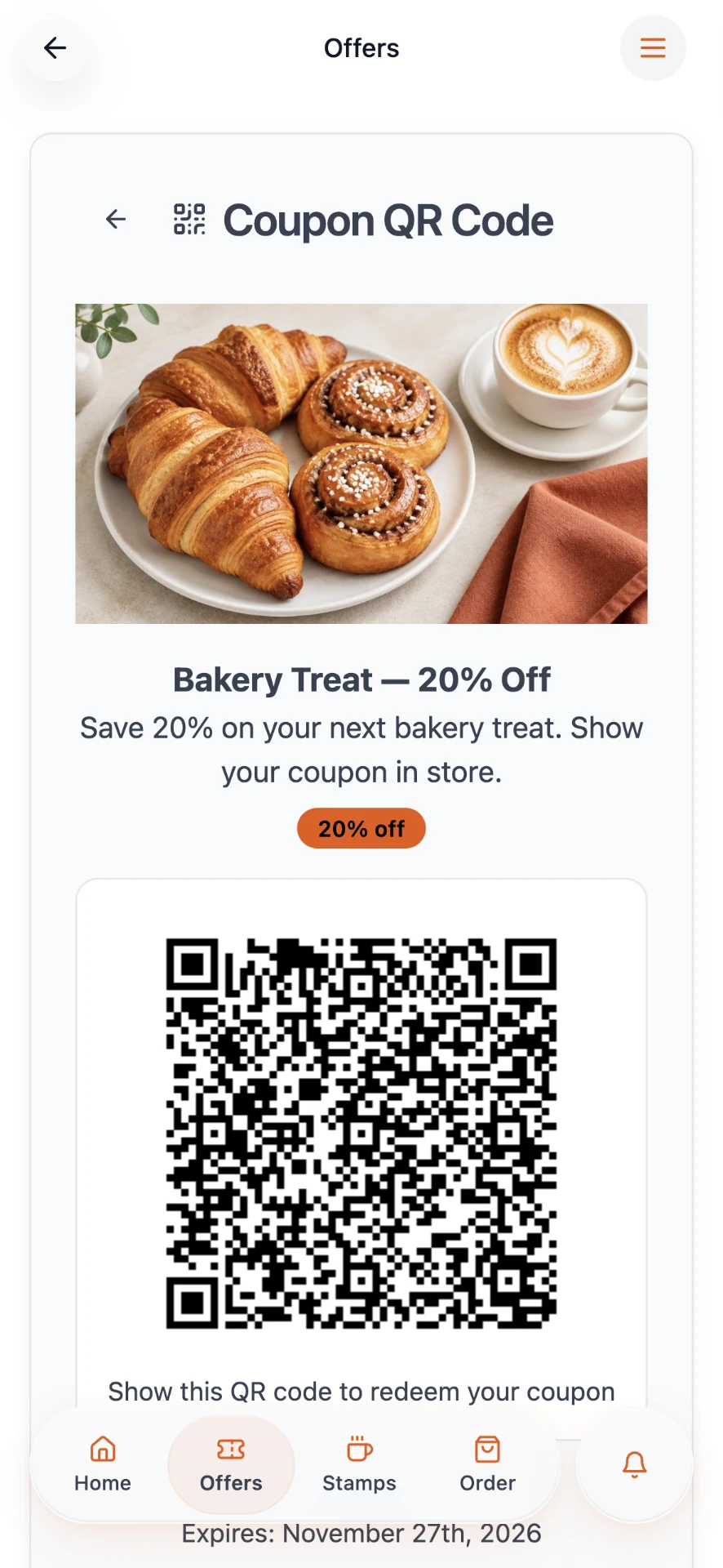 Coupon QR code screen for the Bakery Treat offer