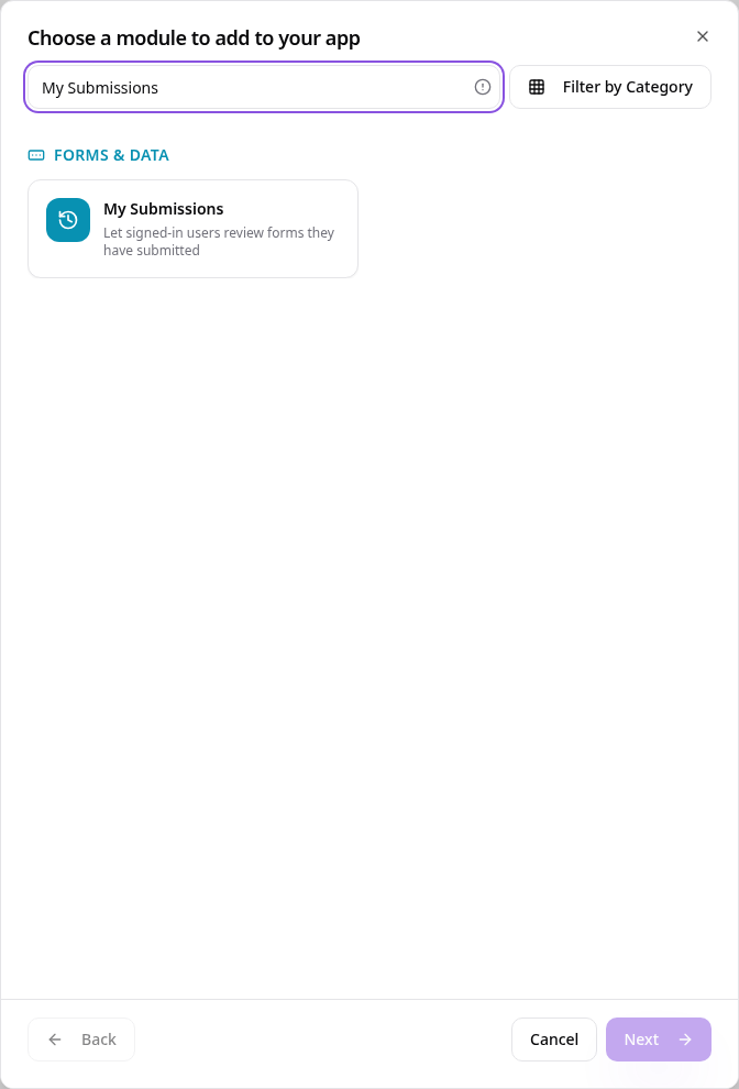 Module picker showing My Submissions
