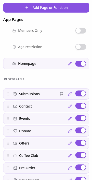 Demo app Pages list containing Contact and Submissions