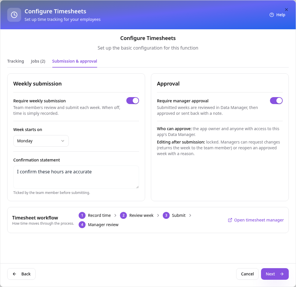 Weekly submission and manager approval switched on