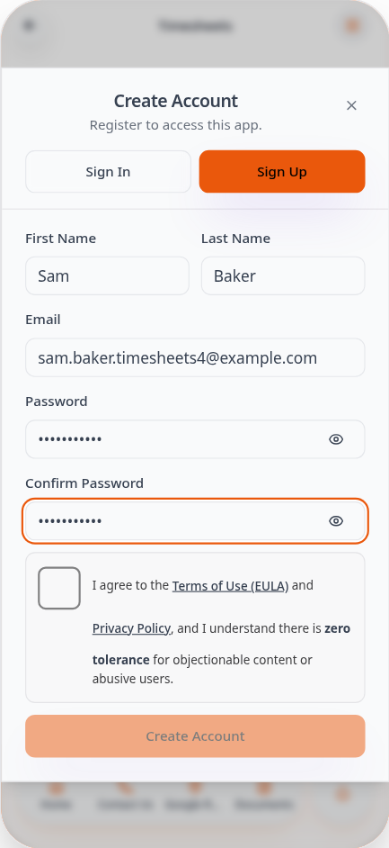 Create Account screen in the Timesheets page