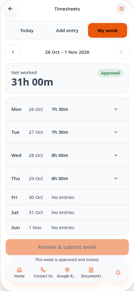 My week marked Approved in the app