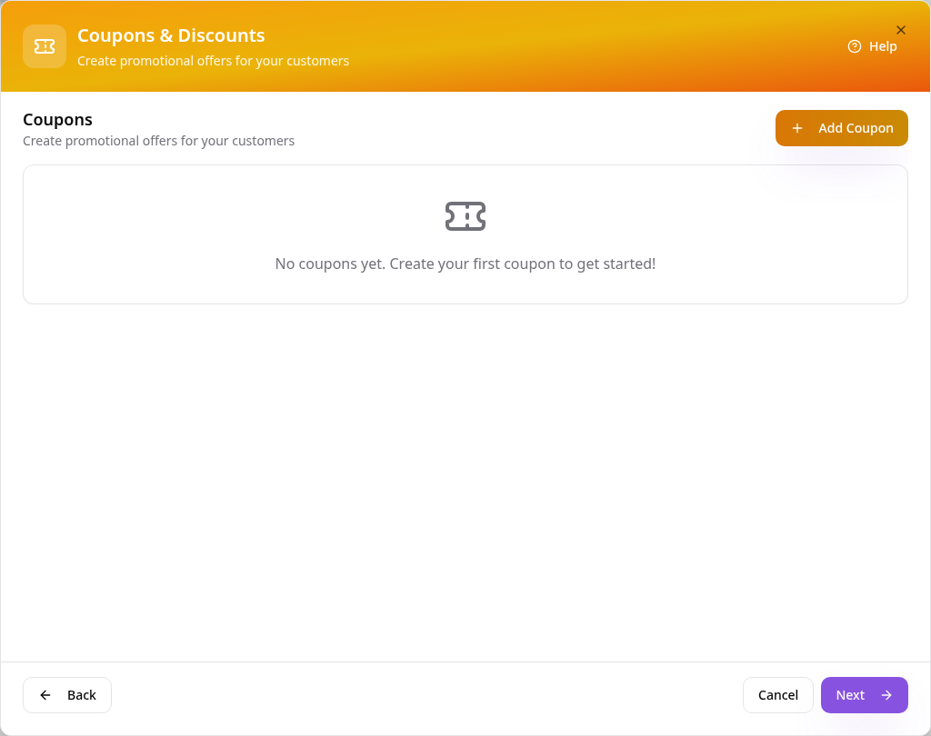 Coupons setup with the Add Coupon button