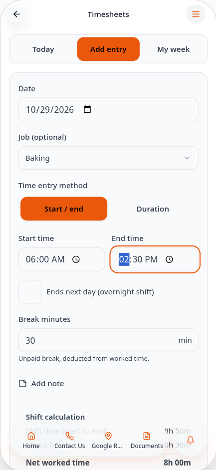 Add entry with date, job, start and end time and break
