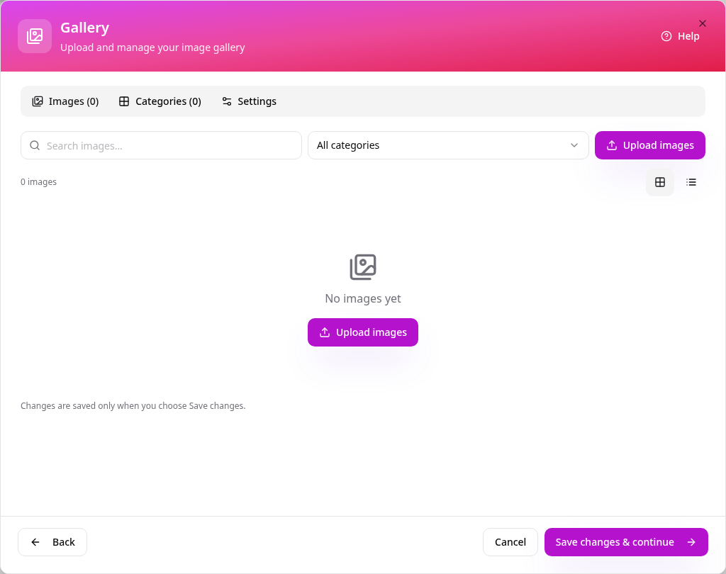 Empty gallery editor with an Upload images button