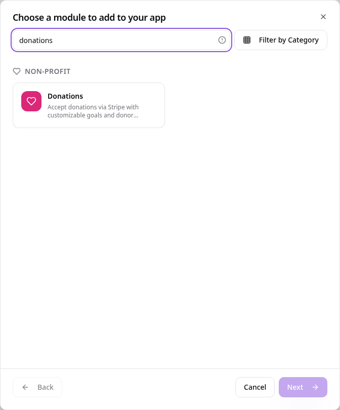 Add Page or Function picker showing Donations