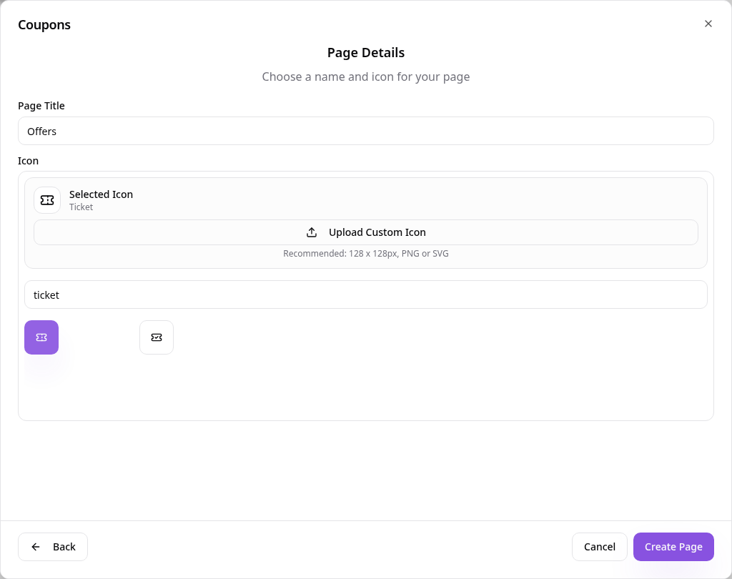 Page naming step with the short title Offers and ticket icon