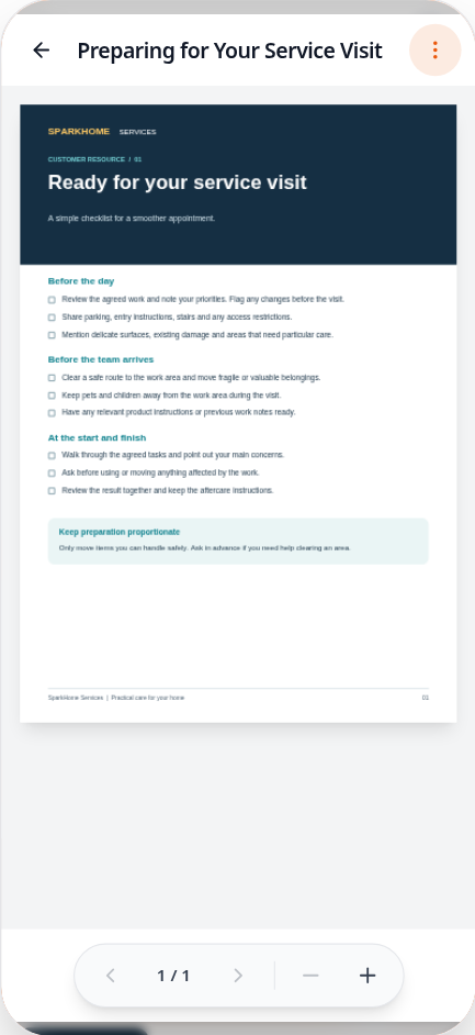 Preparing for Your Service Visit open in the in-app reader