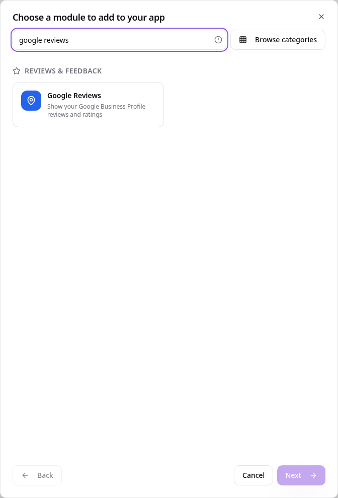 Module picker showing Google Reviews