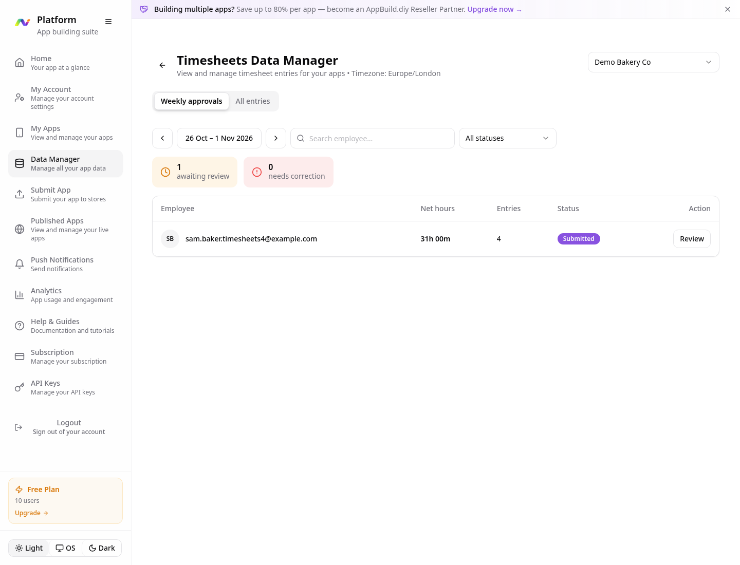 Timesheets Data Manager with one week awaiting review