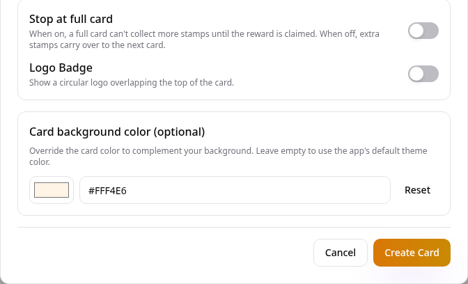 Card design options with a coffee background and light card colour