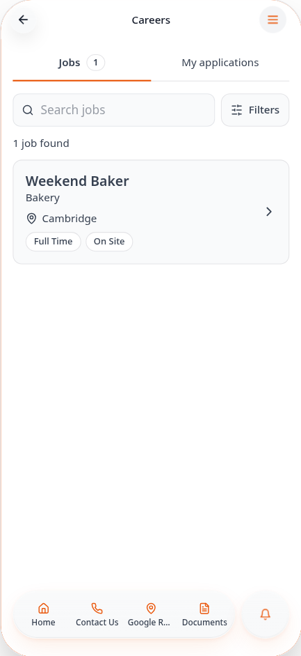 Careers page listing Weekend Baker