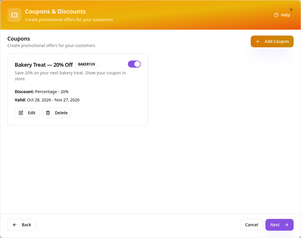 Saved Bakery Treat coupon in the Coupons setup list