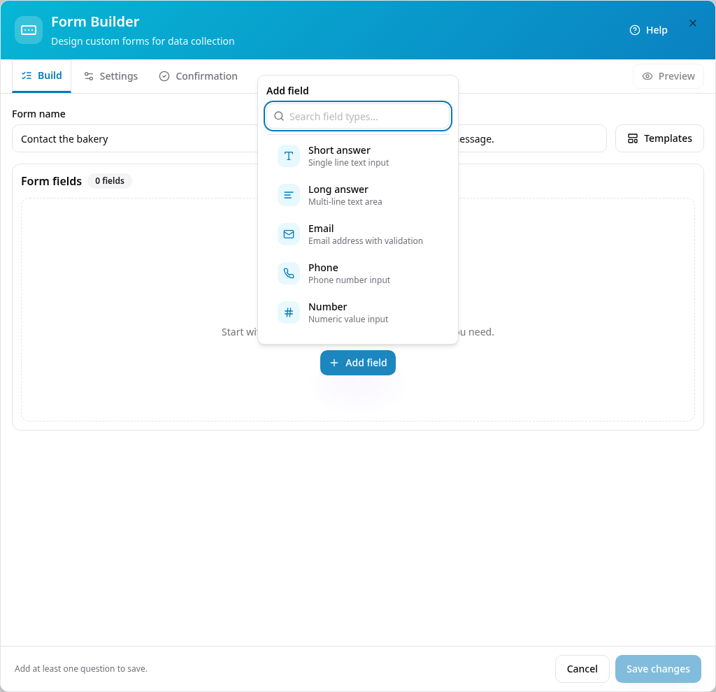 Searchable question type picker above the Add field button