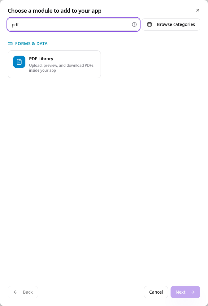 Module picker showing PDF Library