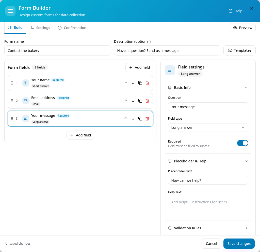 Three named contact questions with reorder, duplicate and delete controls