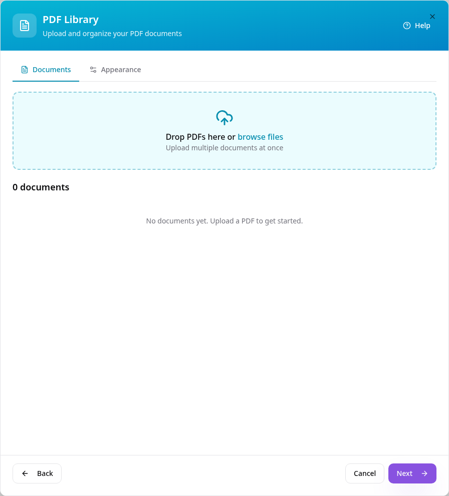 Empty PDF Library with the upload area