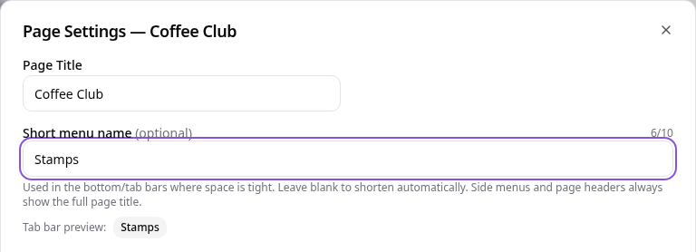 Page settings with the short menu name Stamps