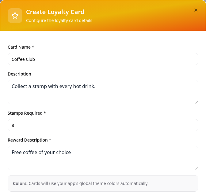 Create Loyalty Card form with name, stamps and reward filled in
