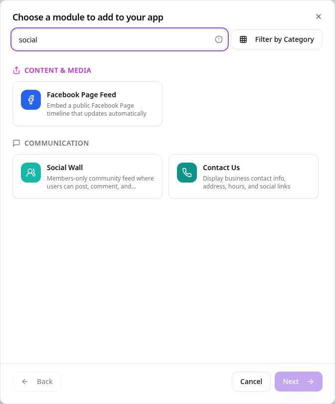 Add Page or Function picker showing Social Wall