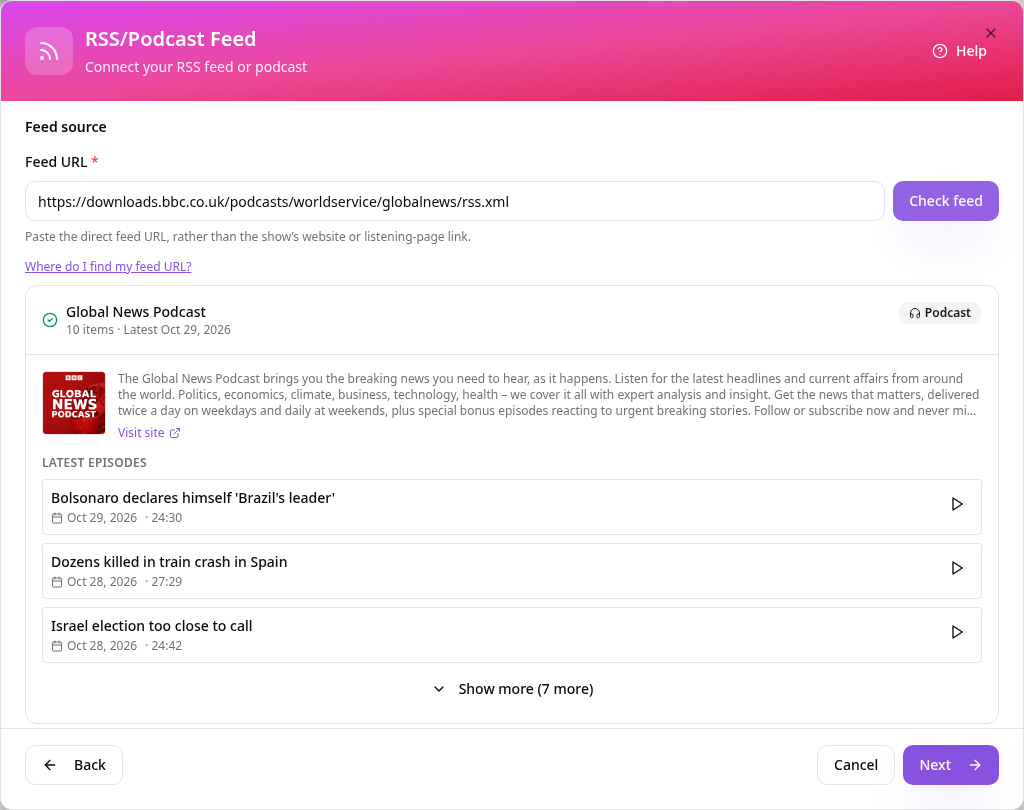 Podcast setup with a real feed preview