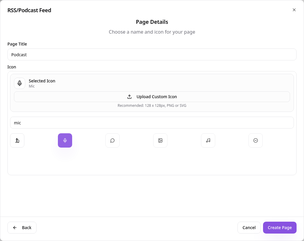 Page details with the title Podcast and a microphone icon