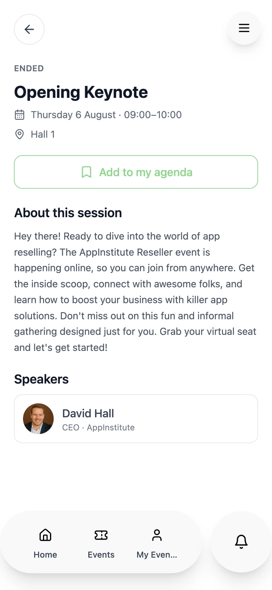 Agenda session detail showing time, room, description and the speaker for the session