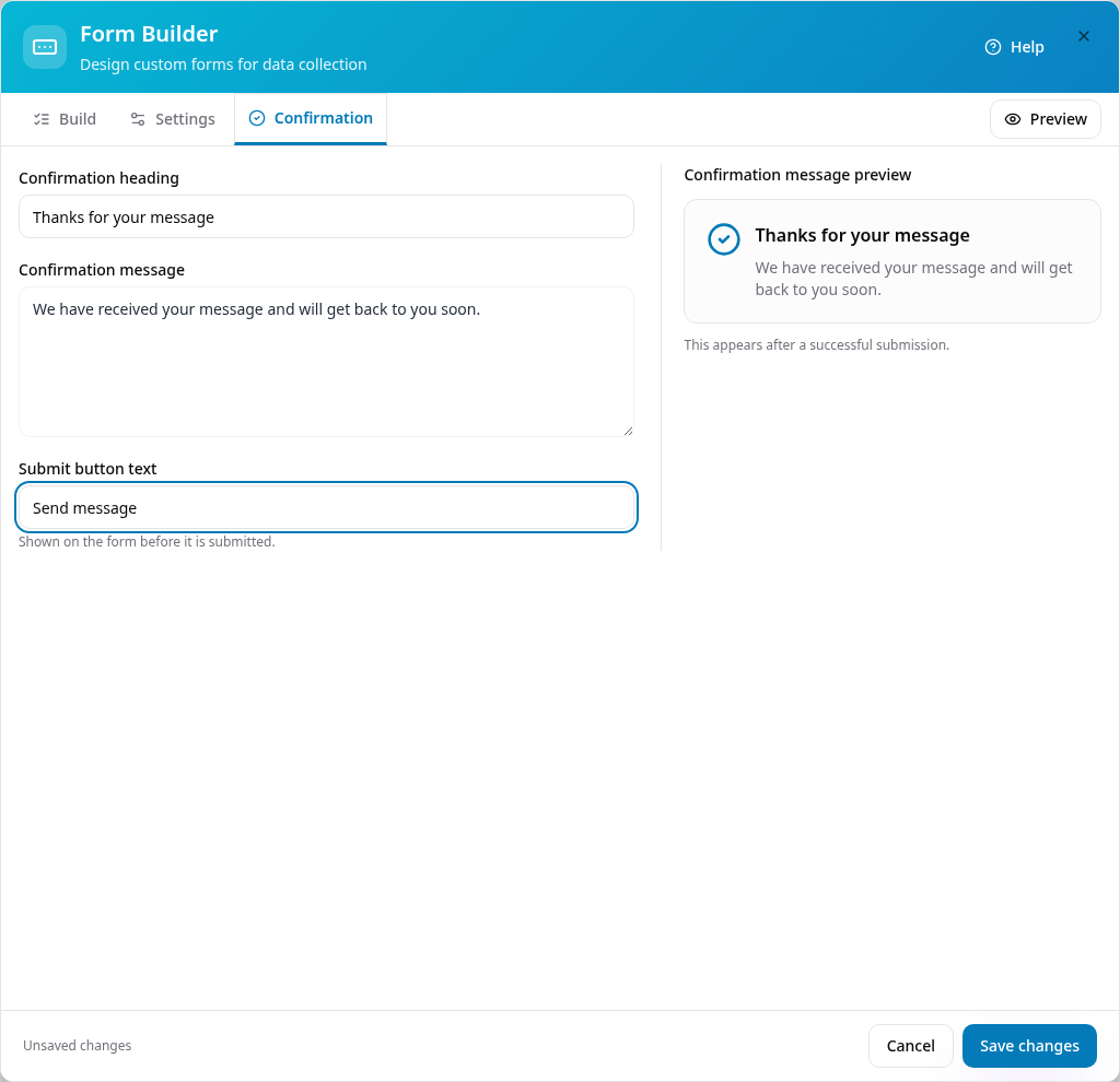Custom thank-you message and Send message submit wording
