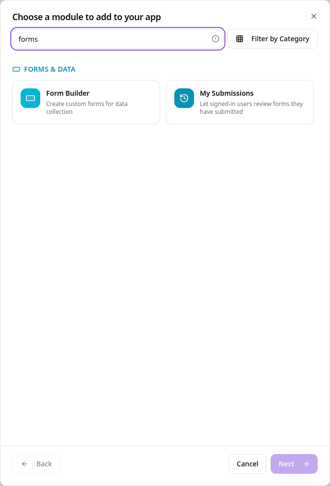 Add Page or Function showing Form Builder