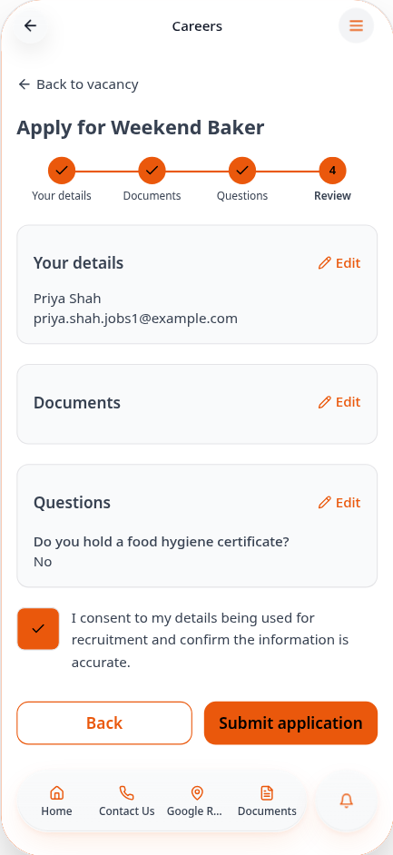 Review screen with consent ticked
