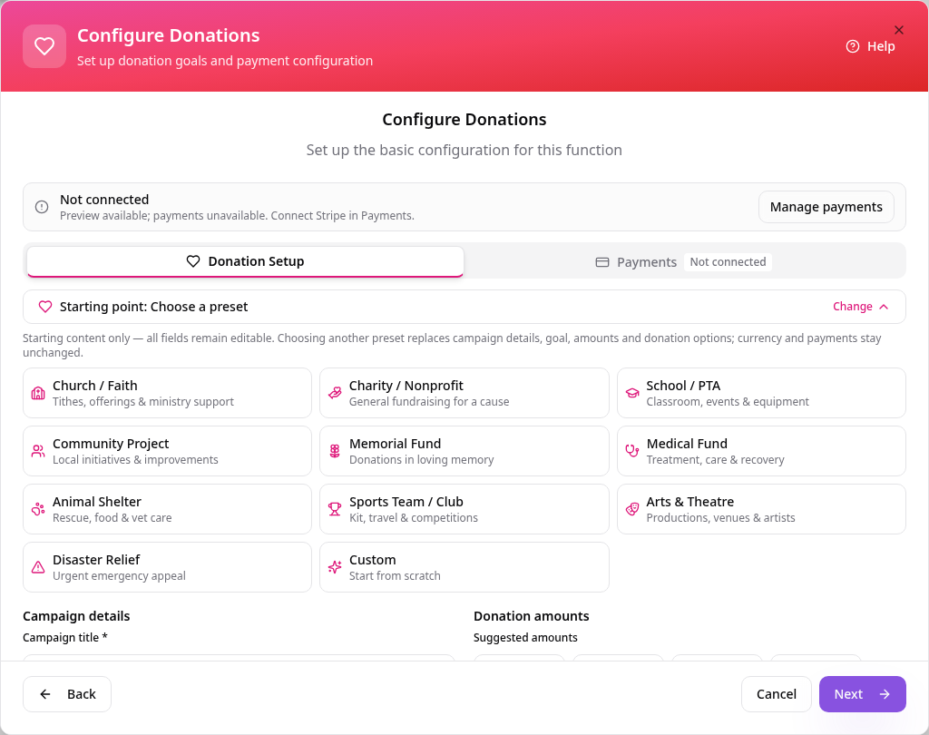 Configure Donations setup on the Donation Setup tab