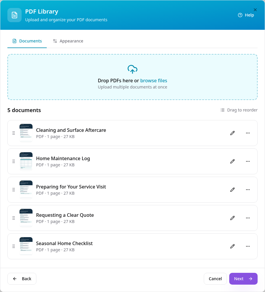 Five uploaded home-care PDFs with clear titles