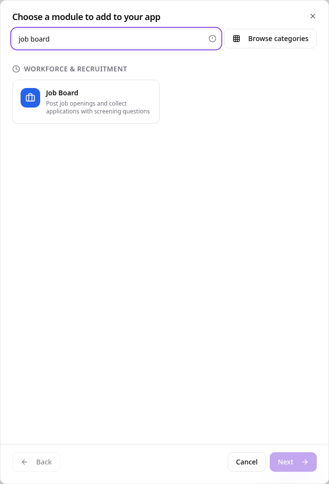 Module picker showing Job Board