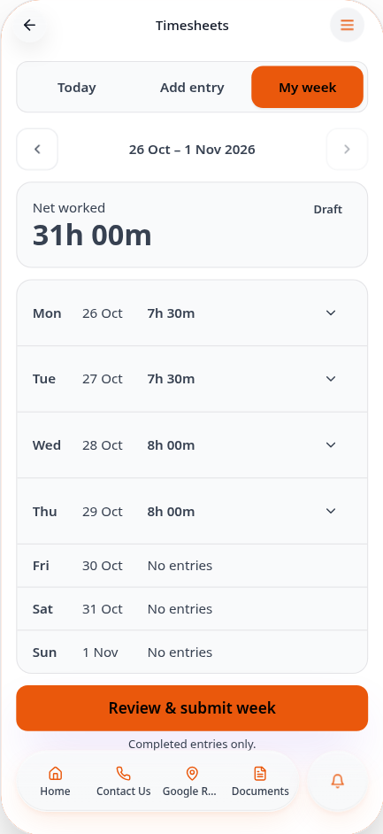 My week showing four days and 31h 00m worked