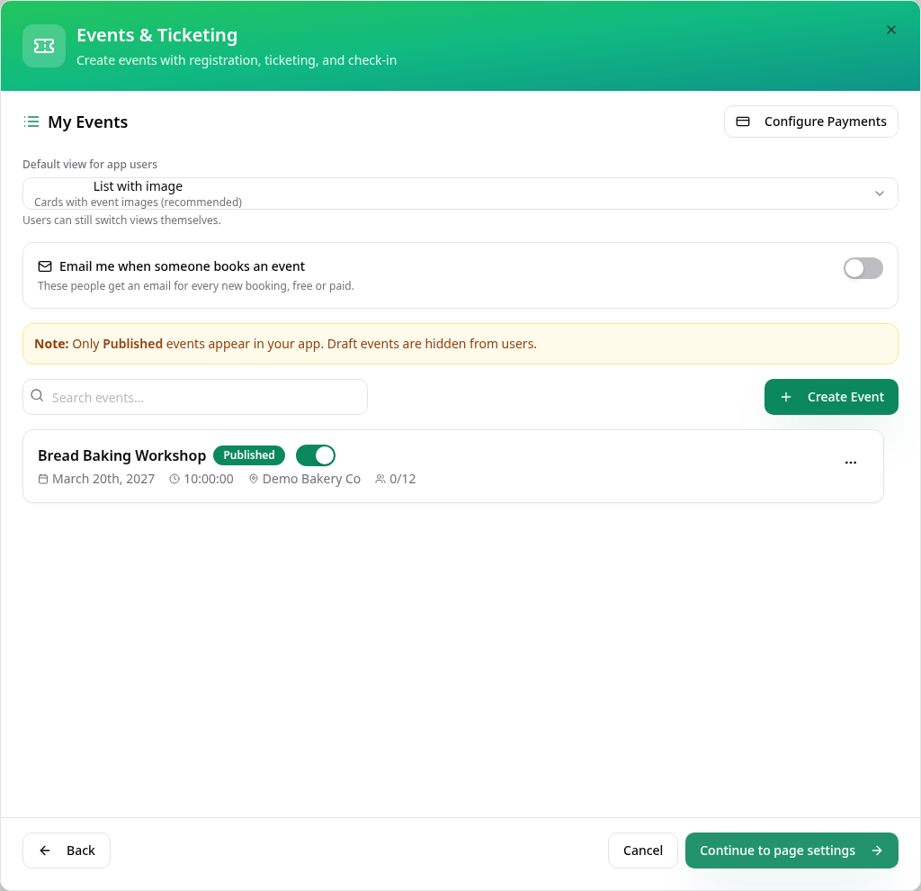 Published Bread Baking Workshop in the event list with page completion action