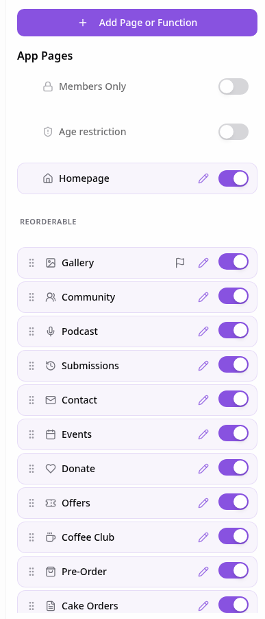 Pages panel in the demo app