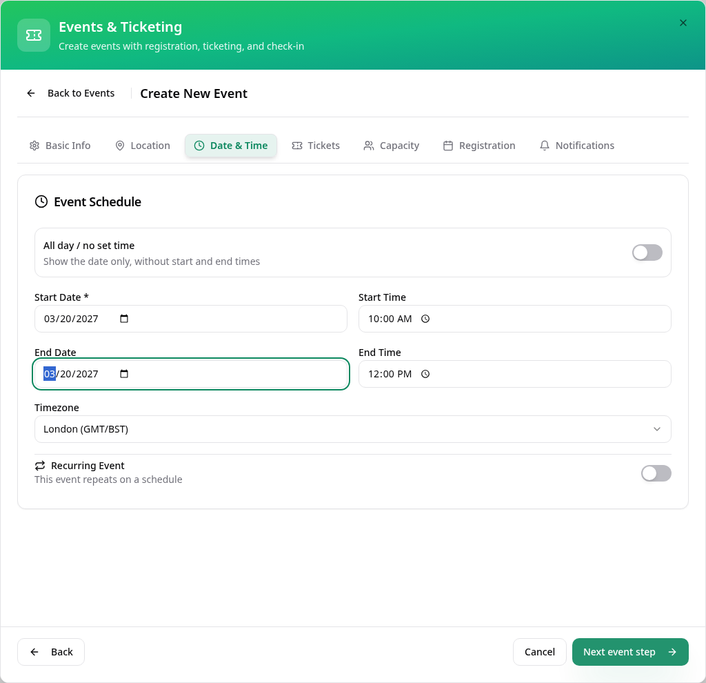 Workshop schedule with start and end dates, times and London timezone