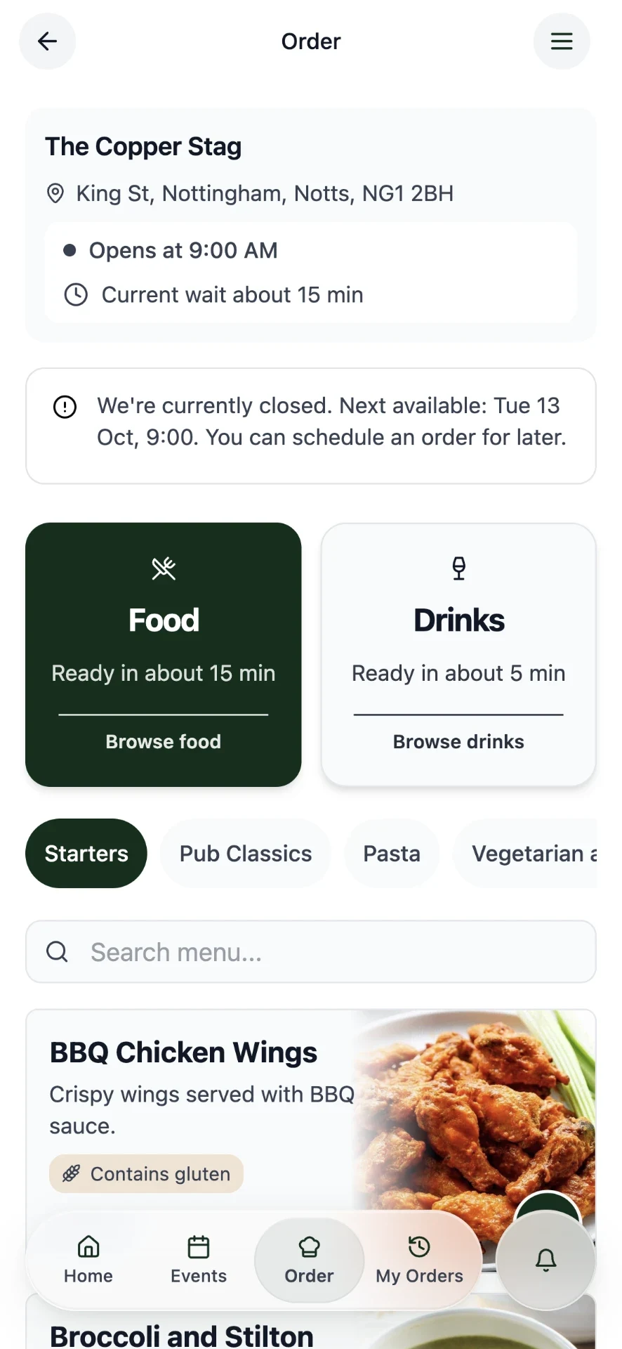 The Copper Stag app example: Explore the food