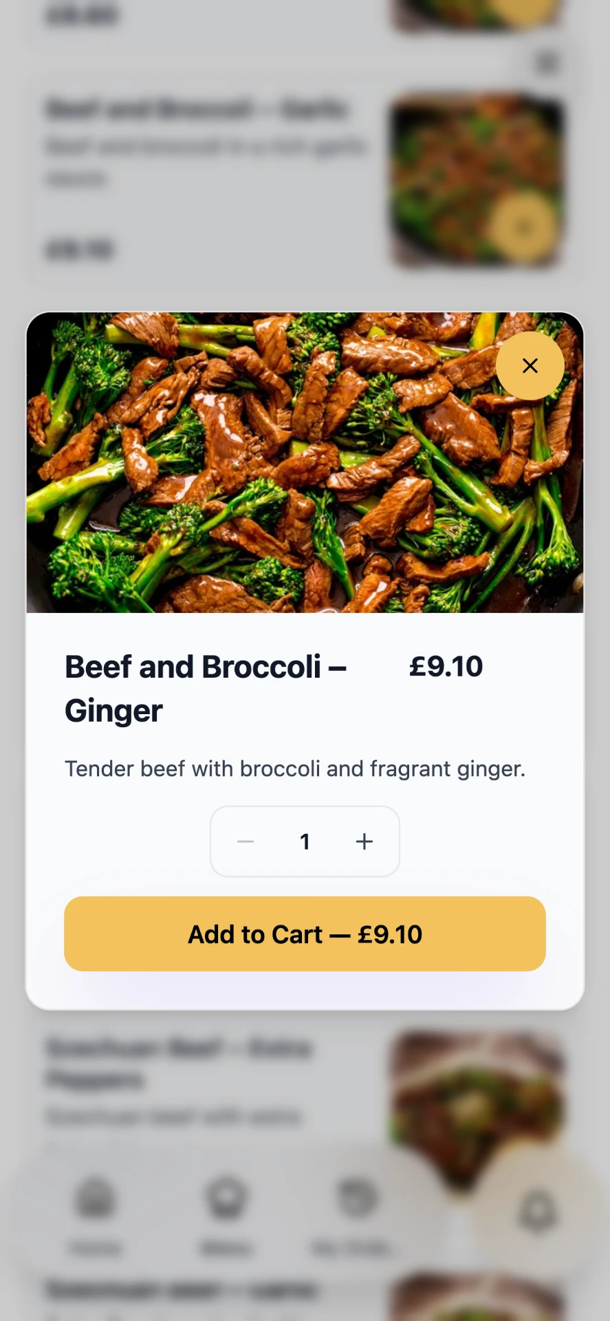 Food item details and quantity screen
