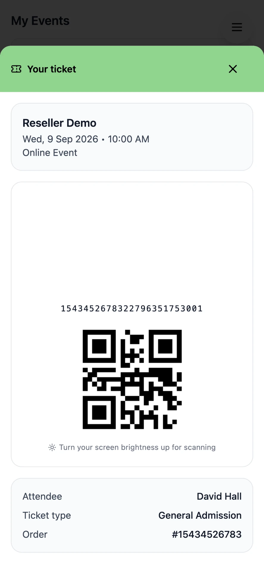 In-app Eventbrite ticket showing a scannable QR code with attendee, ticket type and order number