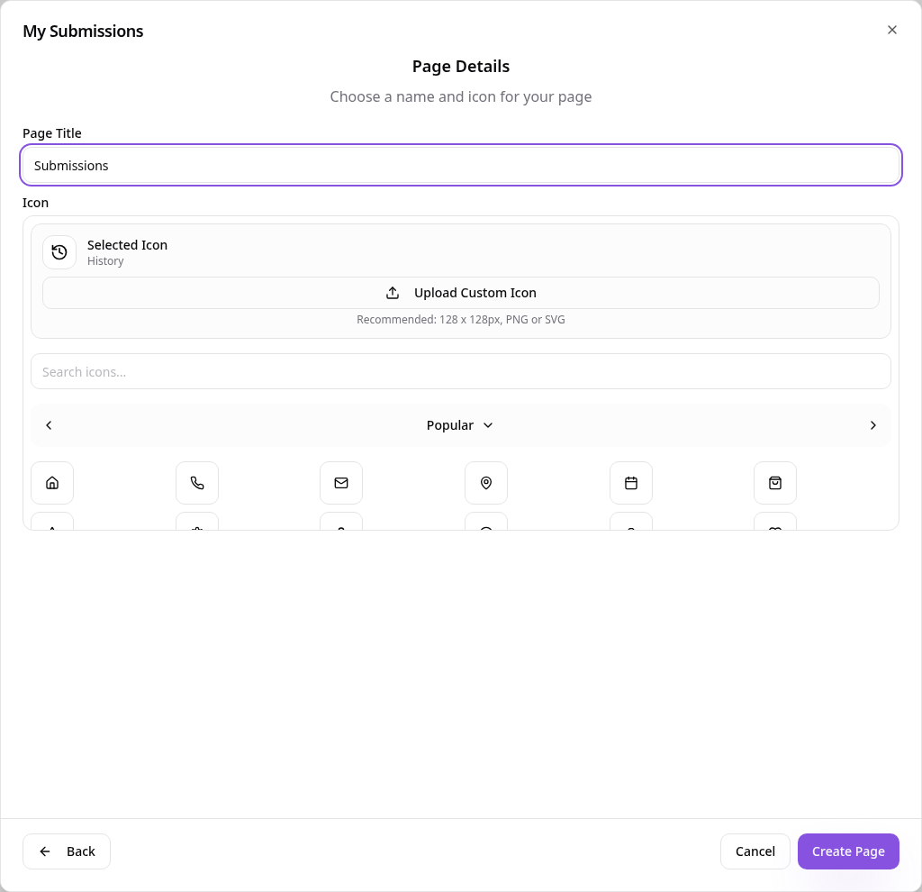 My Submissions page details with Submissions title and History icon