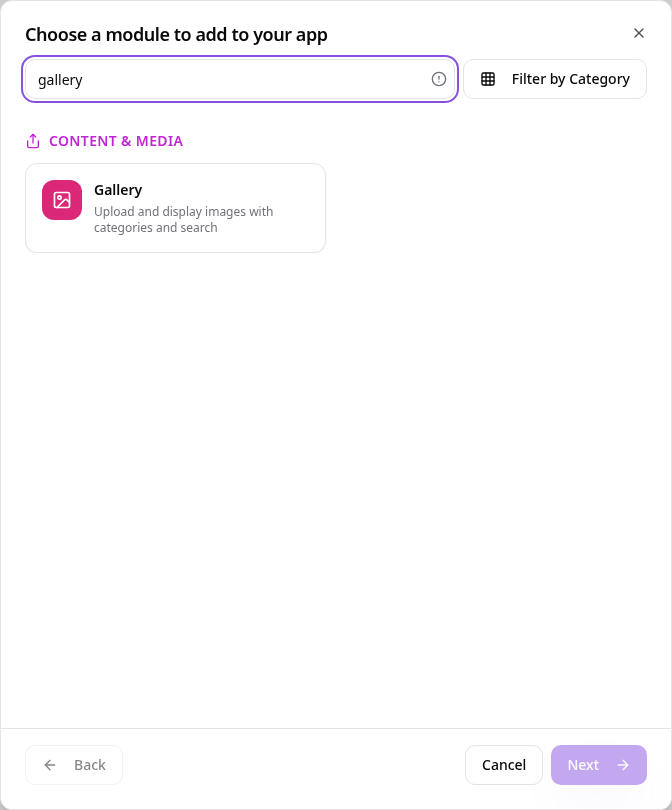 Add Page or Function picker showing Gallery