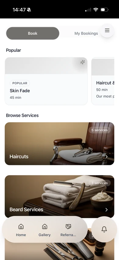 Barber services and packages screen