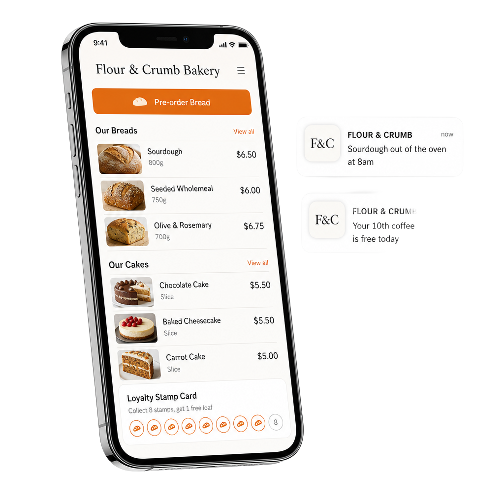Bakery app showing bread pre-orders, cakes and loyalty stamps on a phone