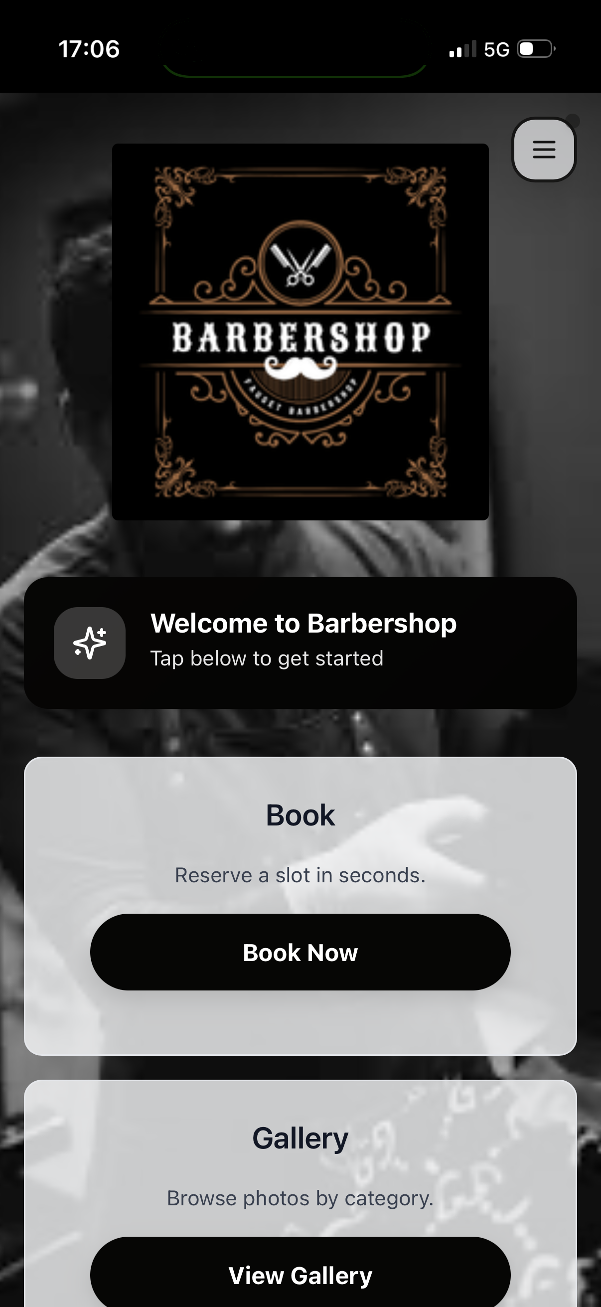 Barbershop app menu