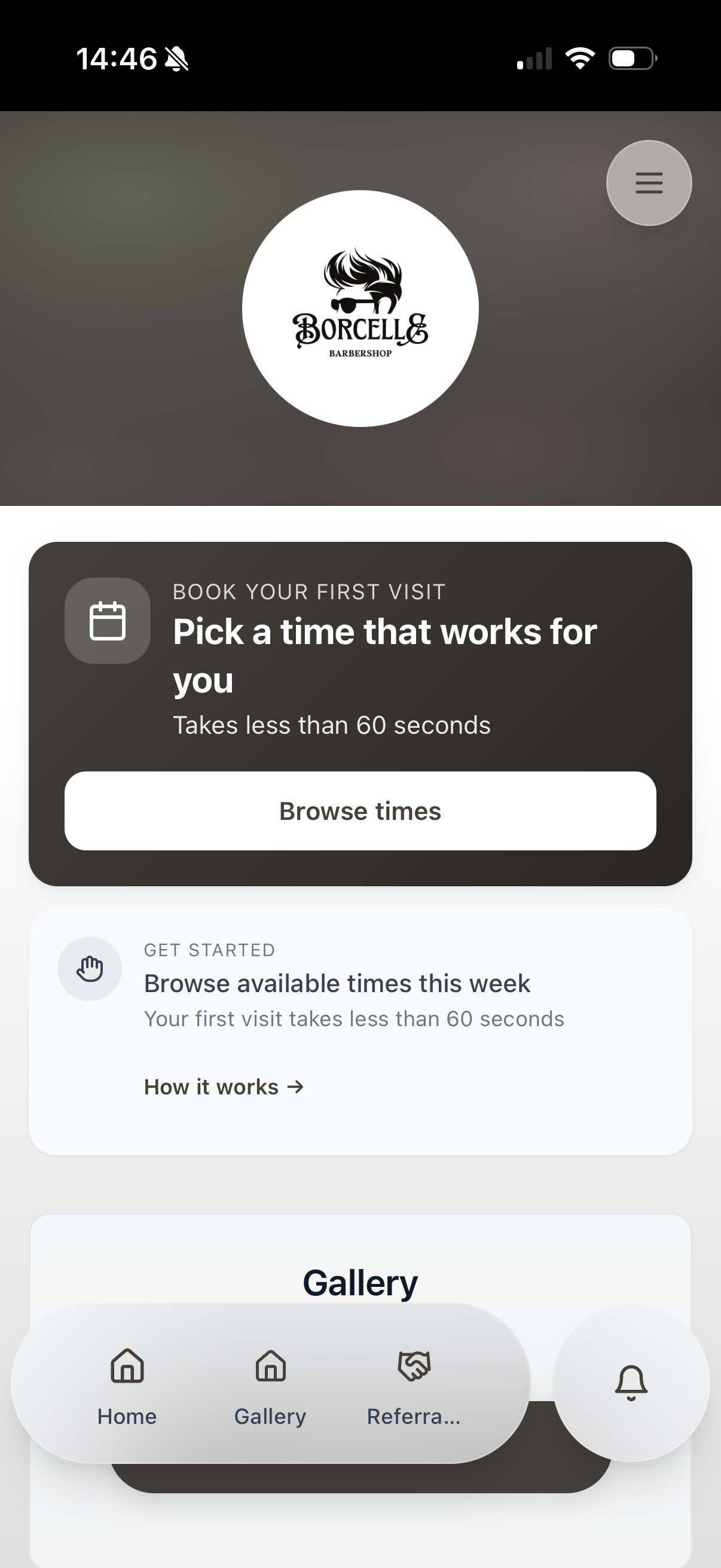 Barbershop app home screen