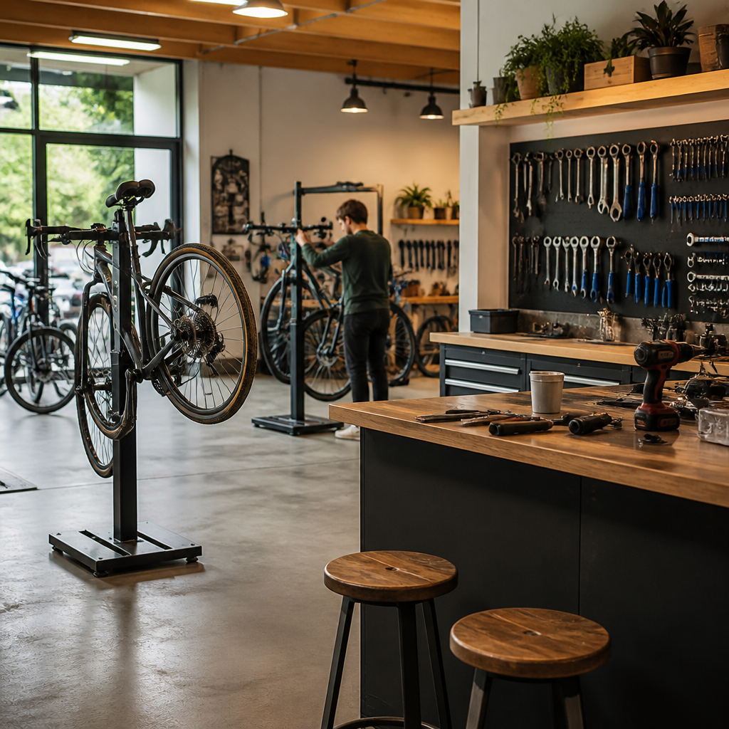 Bike shop app showing workshop booking, repair status and service reminders on a phone