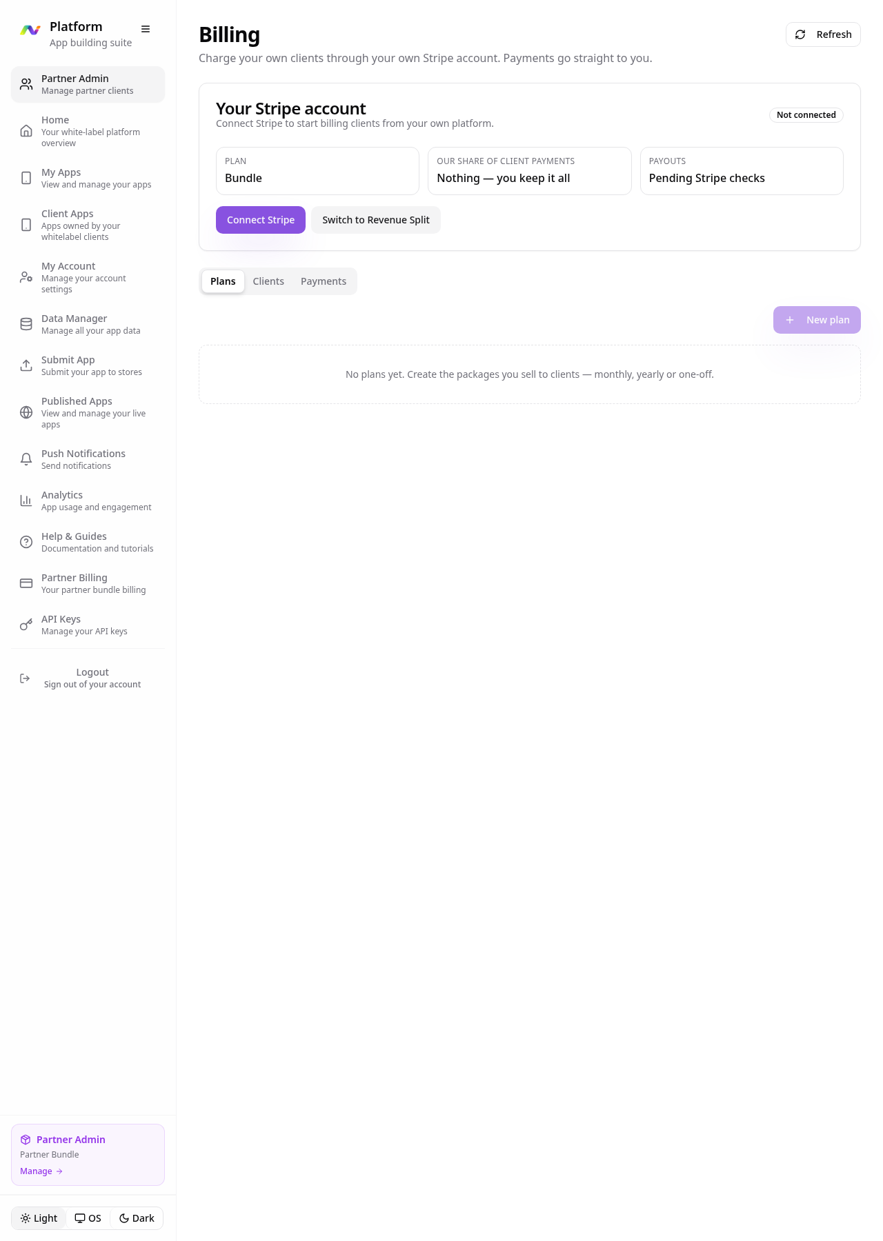 Partner billing screen for connecting Stripe and creating client payment plans